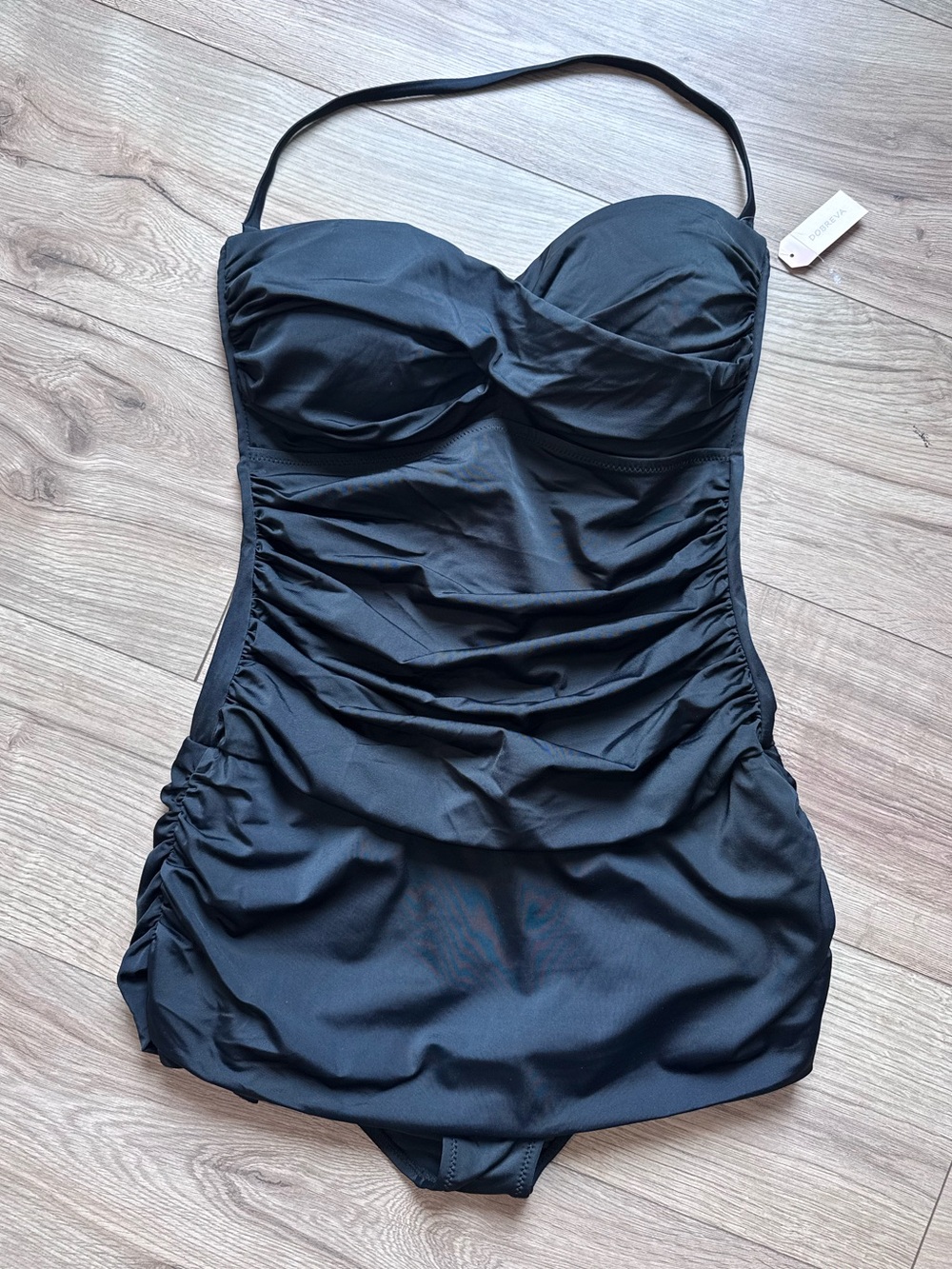 Dobreva Bandeau Halter Swimsuit Tummy Control Ruched Skirted One Piece 14